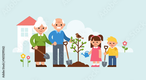 A multi-generational family, including grandparents and children, actively planting a young tree together in a garden setting, symbolizing growth and community.