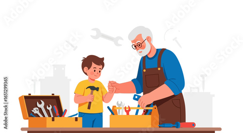A grandfather patiently teaches his grandson how to use a hammer and tools in a workshop setting, fostering a bonding experience.