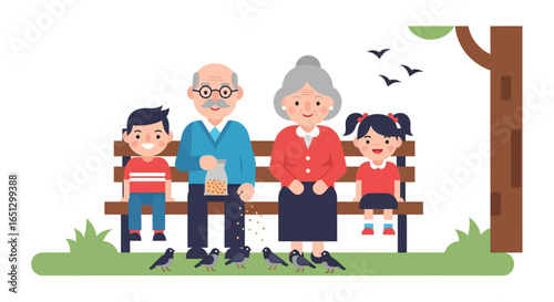 A happy multi-generational family, grandparents and grandchildren, enjoying a sunny day in the park, feeding birds from a bench under a tree.