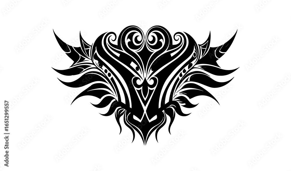 Fototapeta premium Black vintage tattoo vector illustration featuring a butterfly tribal design with floral and eagle wings, adorned with skull ornaments
