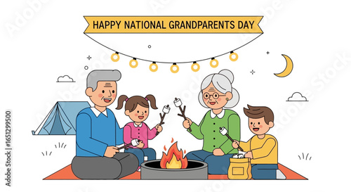 A happy family of grandparents and their two grandchildren enjoy roasting marshmallows around a campfire under a festive banner celebrating National Grandparents Day.