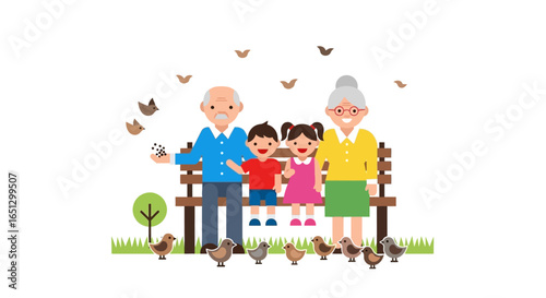 An illustration depicting a happy family of grandparents and two young children sitting on a park bench, with the grandfather feeding a flock of birds.