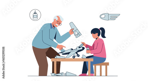 Grandfather and granddaughter assembling a model airplane together, sharing a creative hobby.