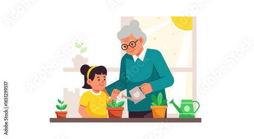 A grandmother and granddaughter bonding while watering small potted plants by a sunny window.