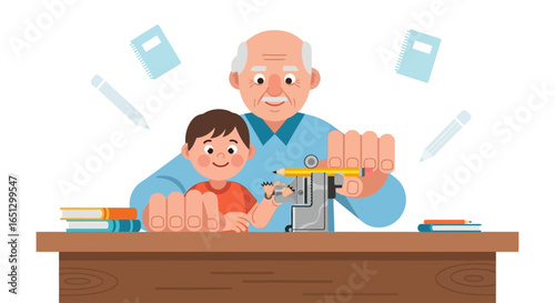 Grandfather and grandson sharpening a pencil together at a desk, surrounded by school supplies.