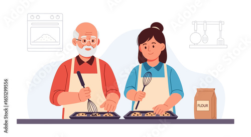 A grandfather and granddaughter baking cookies together in a kitchen, smiling.