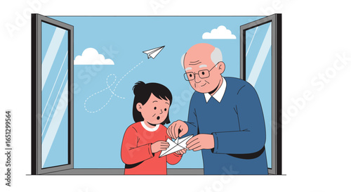 A young girl and an elderly man working together to fold a paper airplane near a window.