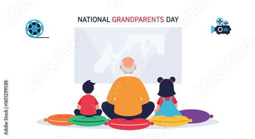 Grandfather and grandchildren watching a movie on National Grandparents Day.