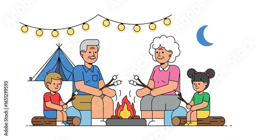 A family enjoys roasting marshmallows around a campfire under the night sky during a camping trip.