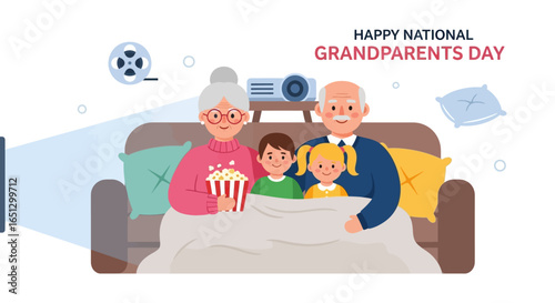 Illustration of grandparents and grandchildren watching a movie together on a couch for National Grandparents Day.