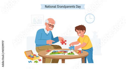 Grandfather and grandson working together on a jigsaw puzzle, celebrating National Grandparents Day.