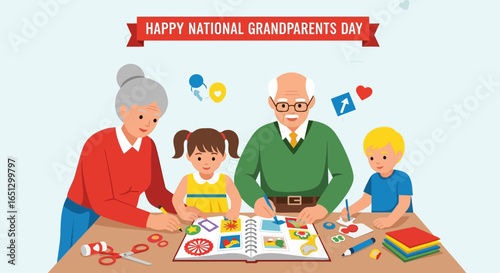 Grandparents Day illustration featuring a grandmother, grandfather, and two grandchildren crafting together at a table with art supplies.
