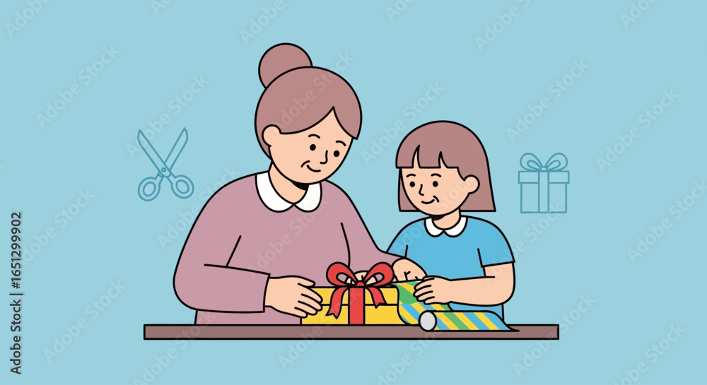 A mother and daughter carefully wrapping a gift together, showcasing a bonding moment of holiday preparation. A mother and daughter carefully wrapping a gift together, showcasing a bonding moment of holiday preparation.