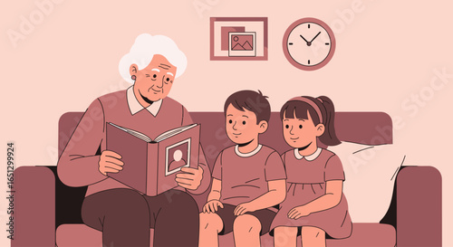 Grandmother reading a photo album to two grandchildren on a couch, a heartwarming family scene.
