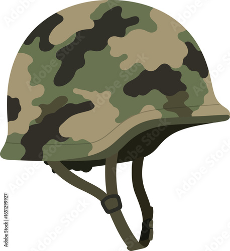 A military combat helmet with a woodland camouflage pattern and chin strap isolated on a white background