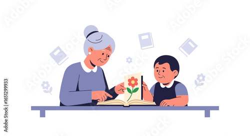 Grandmother and grandson studying a book with a flower illustration, a heartwarming scene of learning and connection.