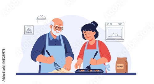 Grandfather and granddaughter baking together in a kitchen, mixing ingredients and preparing food.
