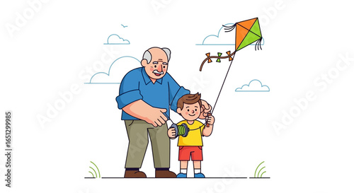 Grandfather and grandson enjoying a kite-flying day outdoors.