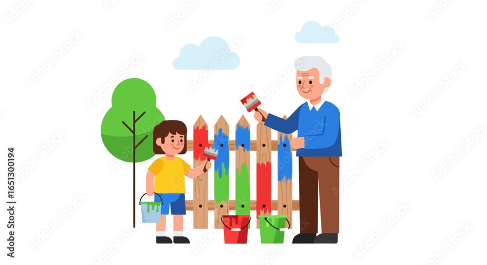 Grandfather and granddaughter joyfully paint a colorful wooden fence together outdoors. Grandfather and granddaughter joyfully paint a colorful wooden fence together outdoors.