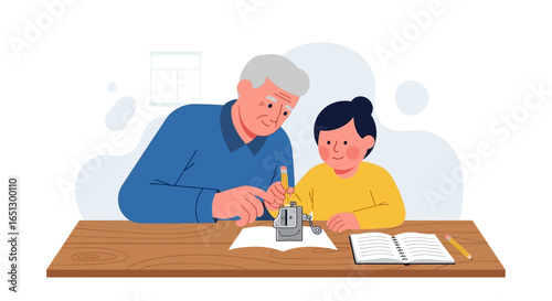 Grandfather and granddaughter working together on a school project at a wooden table.