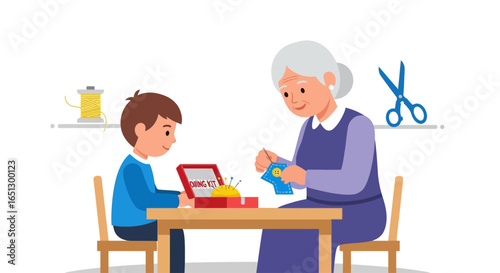 Grandmother teaching grandson basic sewing skills at a table.