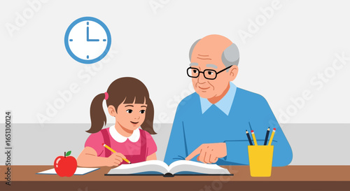Grandfather patiently helps granddaughter with her homework, sharing knowledge and wisdom.