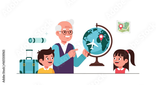 Grandfather showing grandchildren travel plans on a globe, exciting journey ahead.