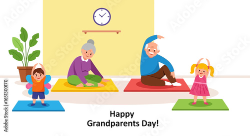 Grandparents and grandchildren joyfully practicing yoga together at home, celebrating Grandparents Day.