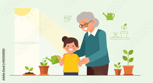 Grandmother and grandchild happily gardening together, nurturing young plants in pots.