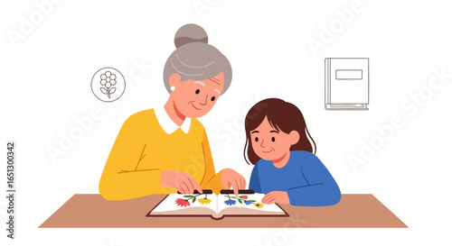 Grandmother and granddaughter joyfully reading a colorful book together at a table.