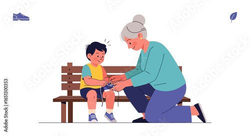 Grandmother lovingly helps her grandson tie his shoelaces while sitting on a park bench.