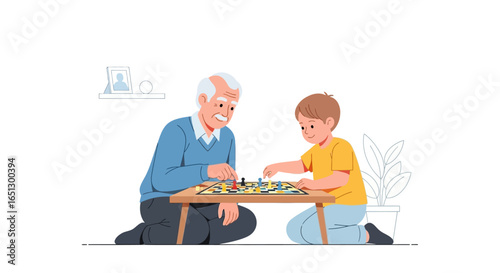 Grandfather and grandson joyfully playing a board game together at home.