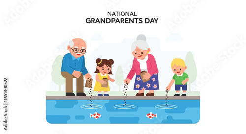 Grandparents and their two grandchildren celebrate National Grandparents Day by feeding fish together in a park pond.