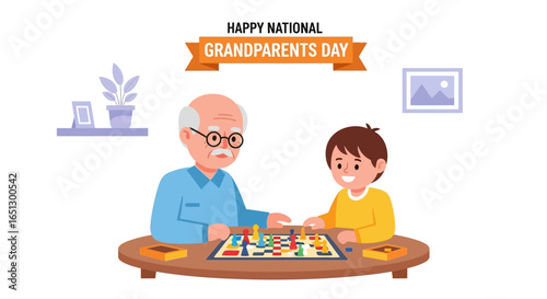 A grandfather and his grandson celebrate National Grandparents Day by playing a board game together.