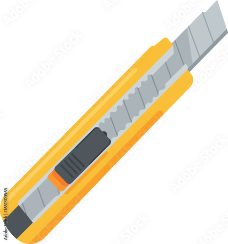 A bright yellow utility knife with a sharp silver blade extended isolated on a clean white background ready for cutting tasks