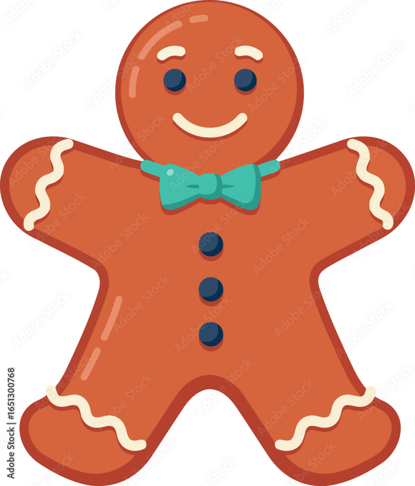 Obraz premium A cheerful cartoon gingerbread man cookie with blue icing details and a bow tie isolated on a white background