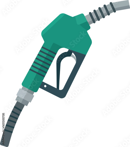 Green fuel nozzle with ribbed handle and flexible hose attachment isolated on a white background for automotive or industrial use