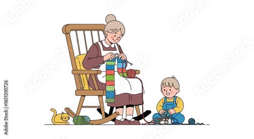 Grandmother and grandchild enjoying a quiet moment together, with the grandmother knitting a colorful scarf while the child plays with yarn.