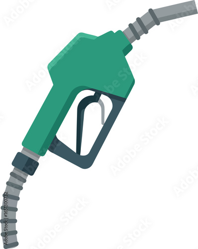 Green fuel nozzle with flexible hose and trigger for dispensing gasoline or diesel at a gas station
