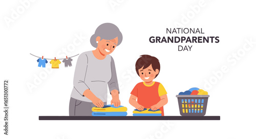A smiling grandmother and grandson are shown ironing clothes together, celebrating National Grandparents Day with a shared chore and bond.