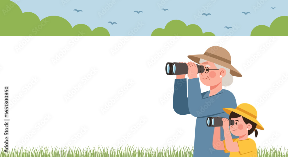 Obraz premium An elderly woman and a young child birdwatching together with binoculars outdoors.