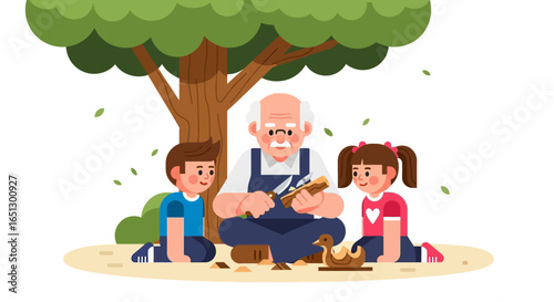 An elderly man carves wood while two young children attentively watch under a large tree.