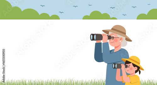 An elderly woman and a young child birdwatching together with binoculars outdoors.