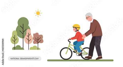 An elderly man helps a young boy learn to ride a bicycle in a park, celebrating National Grandparents Day.