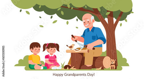 Grandfather carving a wooden bird while two young grandchildren attentively watch under a large green tree, celebrating Grandparents Day.