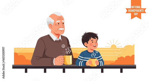 An elderly man and a young boy enjoying a warm drink together, looking at a beautiful sunrise or sunset, celebrating Grandparents Day.