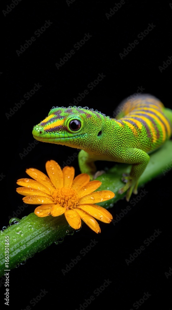 Fototapeta premium A gecko with flower on a black background