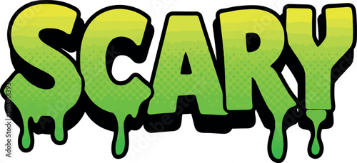 The word scary rendered in dripping green and yellow slime with a dark shadow effect on a white background