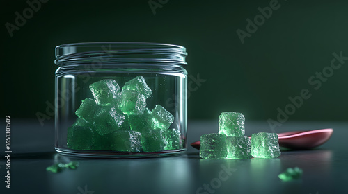 A glass bowl filled with green translucent cubes, accompanied by a red spoon and scattered pieces on a soft green background.