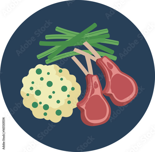 Delicious illustration of two lamb chops served with mashed potatoes and green beans on a dark blue circular background